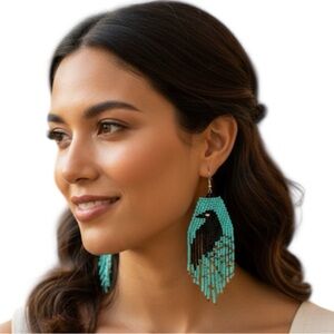 Handmade Raven Beaded Fringe 4” Earrings - Native Turquoise‎ & Black Seed Beads